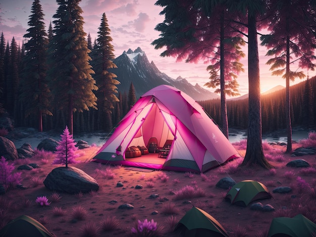 Outdoor camping photo tent in the middle of nature