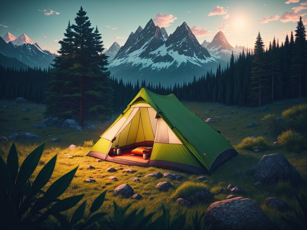 Outdoor camping photo tent in the middle of nature