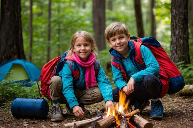 Photo outdoor camping with scout kids