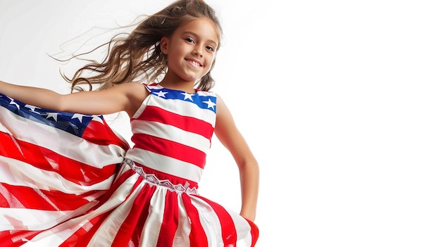 Outdoor celebration young girl in flag themed dress July 4th