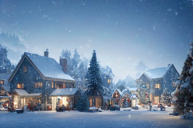 Outdoor Christmas scene illustration of a Christmas house with snow winter landscape in a village