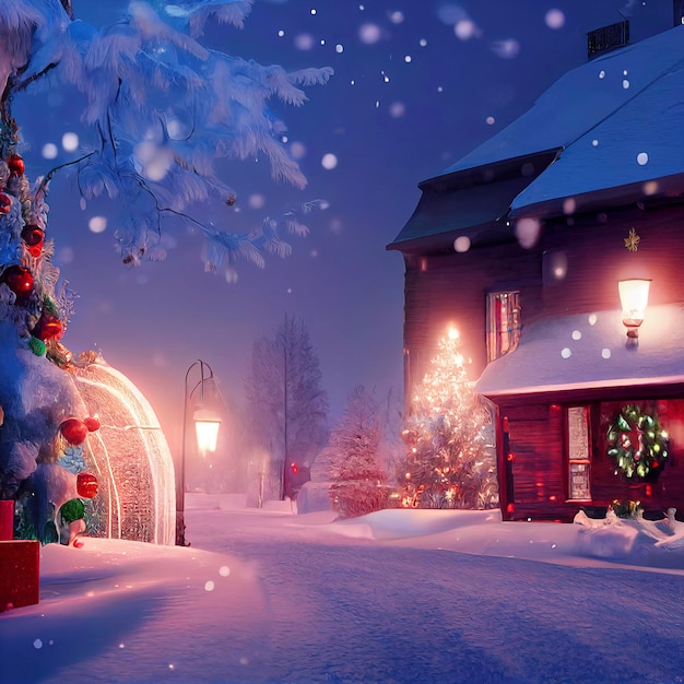 Outdoor Christmas scene illustration of a Christmas house with snow winter landscape in a village