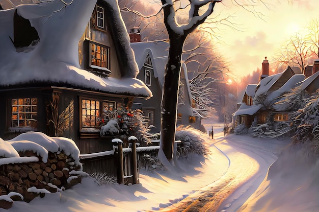 Outdoor Christmas scene illustration of a Christmas house with snow