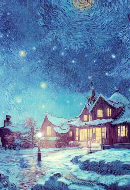 Outdoor Christmas scene with magic night sky illustration of a Christmas house with snow winter landscape