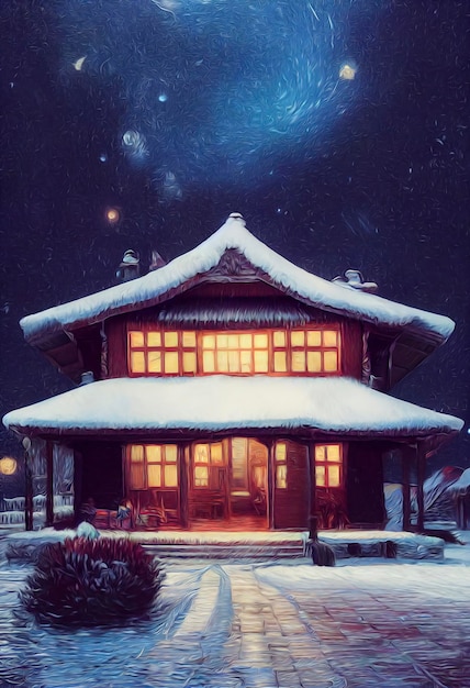 Outdoor Christmas scene with magic night sky illustration of a Christmas house with snow winter landscape