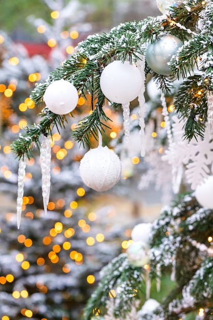 Outdoor Christmas tree with white Snowflakes and Decoration