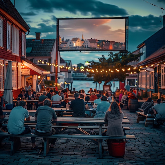 Outdoor Cinema Nostalgia Group of People at Picnic Tables