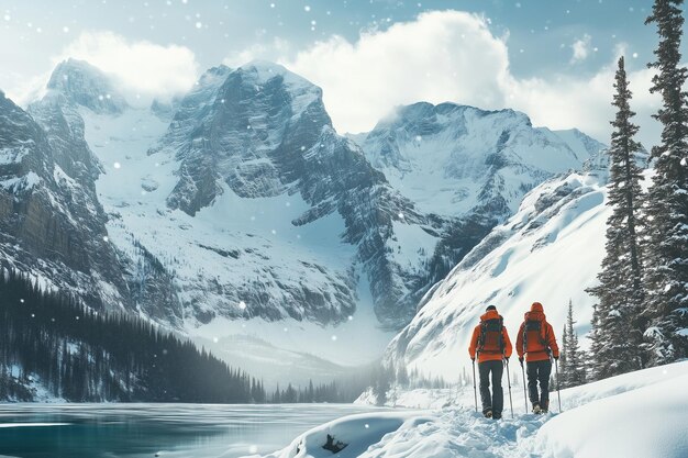 Photo an outdoor clothing brand s ad featuring hikers exploring snowy landscapes highlighting new year s adventures