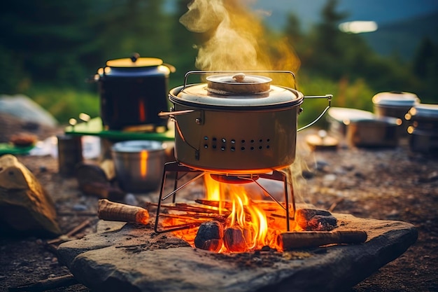 Outdoor cooking adventure portable camping stove in action flames dancing beneath a sturdy pot