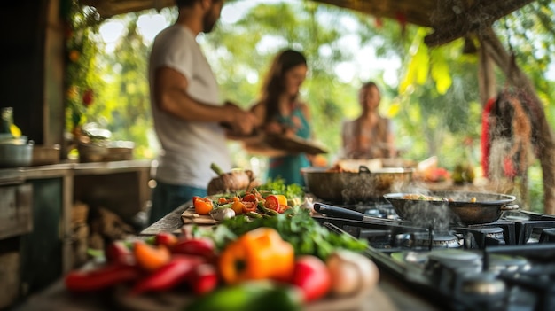 Photo outdoor cooking with friends