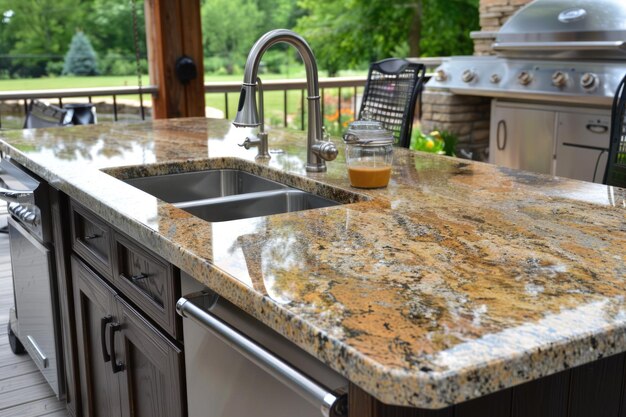 Photo outdoor countertop kitchen with stainless steel grill and granite sink