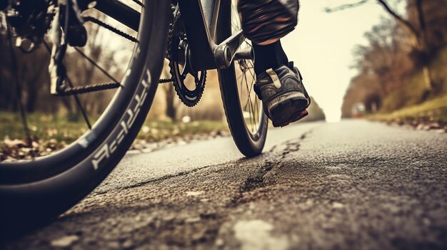 Outdoor cycling photo close up of feet while pedaling generative AI