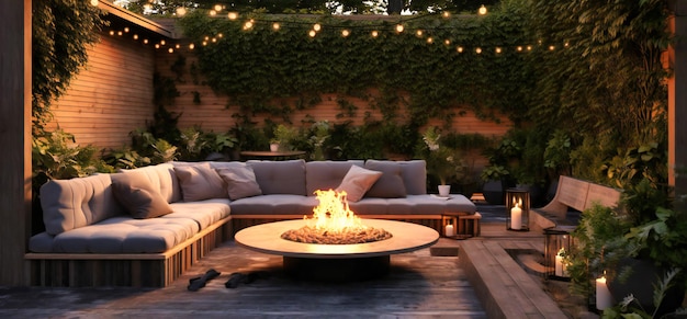 Outdoor design with lounge sofas and fire pit