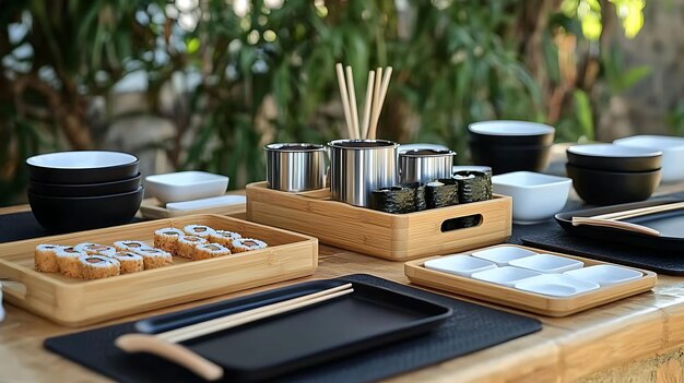 Photo outdoor dining area stylish crockery featuring bamboo serving tray stainless steel chopstick