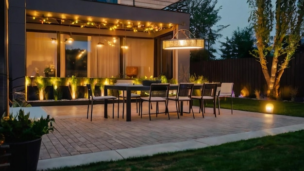 Outdoor dining area with string lights and wooden table