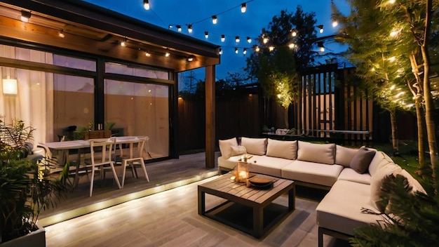 Outdoor dining area with string lights and wooden table