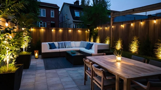 Outdoor dining area with string lights and wooden table