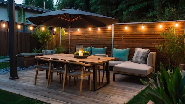 Outdoor dining area with string lights and wooden table