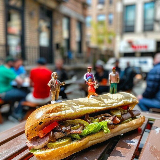 Photo outdoor dining patio with a sandwich and plastic figurines