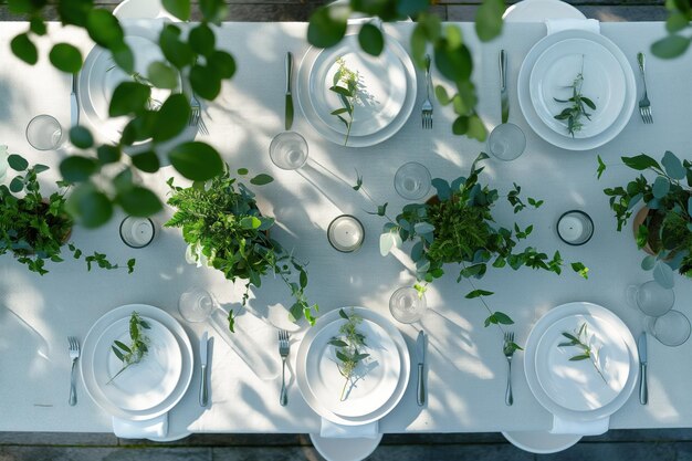 Photo outdoor dining setup with white tablecloth plants on plates silverware candle holder green