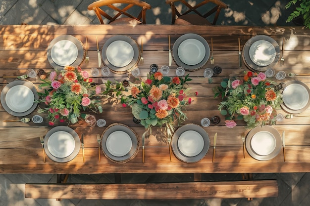 Photo outdoor dining setup on wooden patio with white tablecloth pink and orange flower arrangement