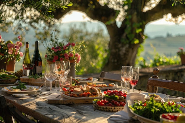 Outdoor Dining in Tuscany with Traditional Italian Dishes