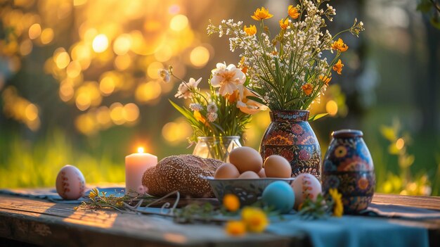 Outdoor Easter table setting with vases of spring flowers lit candles painted eggs AI Generated