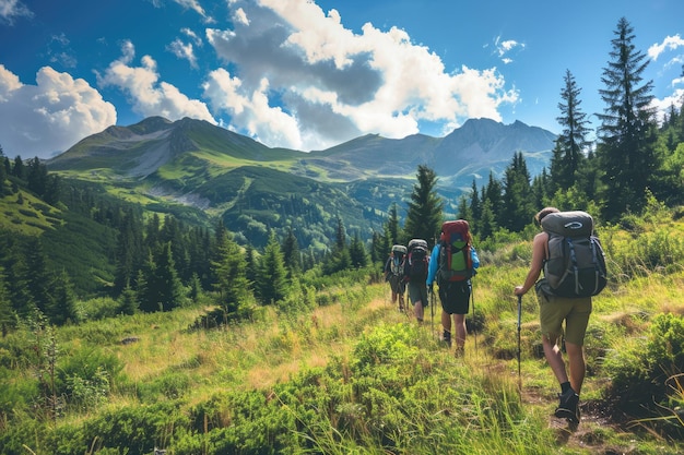 Outdoor enthusiasts hiking in a mountain wilderness Nature lovers trekking through rugged mountain terrain