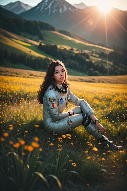 Photo outdoor explorer sitting in flower field holding yellow flowers woman wearing spacesuit background