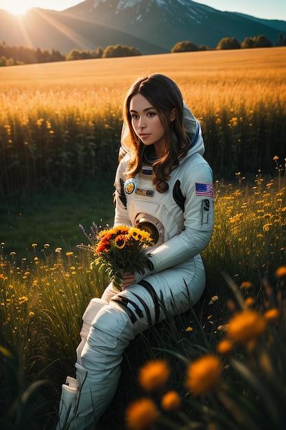 Photo outdoor explorer sitting in flower field holding yellow flowers woman wearing spacesuit background