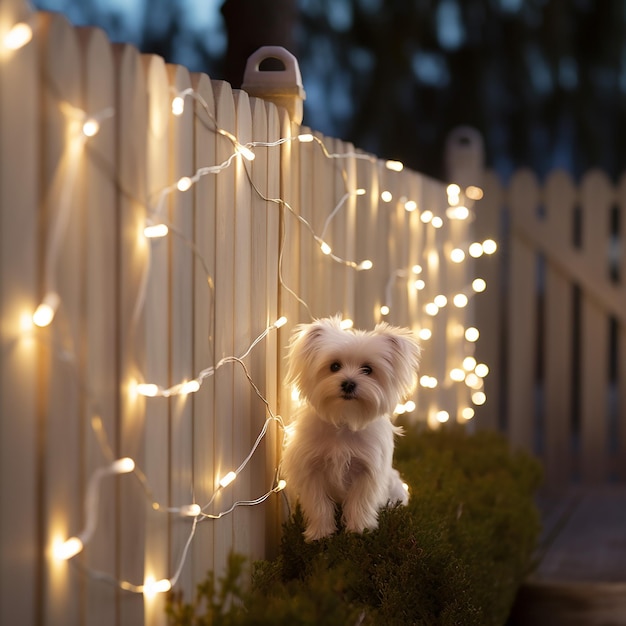 On the outdoor fence warm white black wire fairy lights