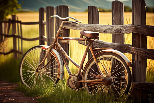 Outdoor fence wood and bicycle old fashioned scene generative AI