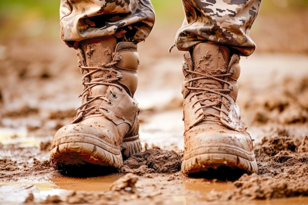 Outdoor Footwear Dirty boots tell tales of a soldier's hike venturing through mud and green terrain a testament to rugged exploration