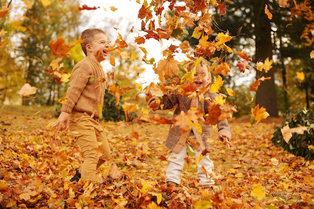 Outdoor fun in autumn. Children playing with autumn fallen leaves in park. Happy little friends.