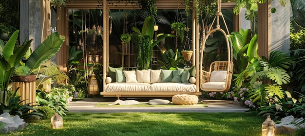 outdoor garden with wooden furniture lush green grass in the backyard with green garden