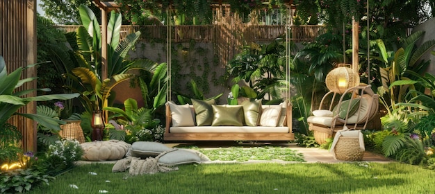 outdoor garden with wooden furniture lush green grass in the backyard with green garden