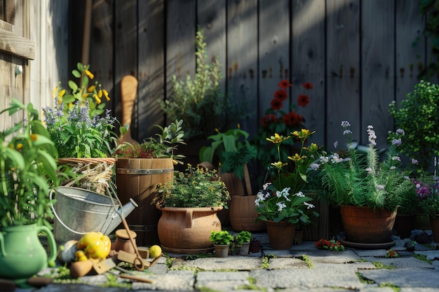 Outdoor Gardening Tools Arranged with Fresh Herbs