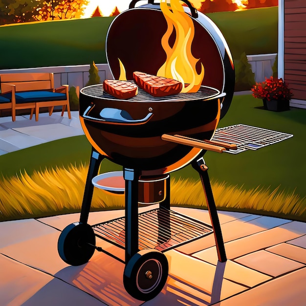 Outdoor Grill with Flames and Meat on a Cookout