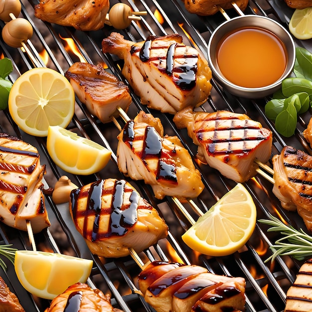 Photo outdoor grilled chicken meals on metal skewers recipe