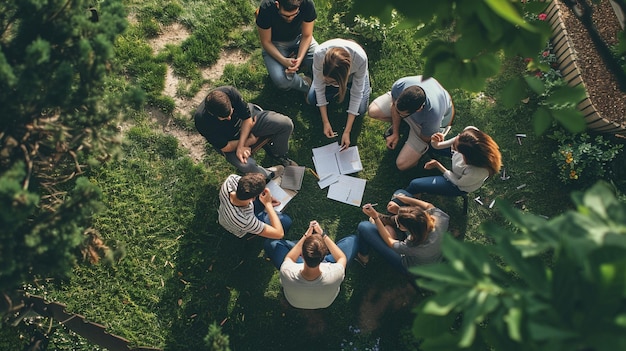 Photo outdoor group brainstorming session people sitting in circle on grass