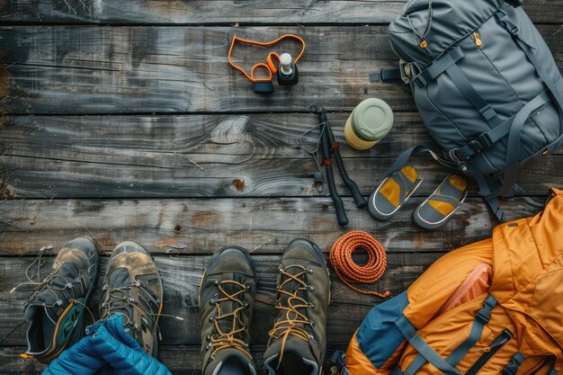 Photo outdoor hiking gear neatly arranged on wooden surface