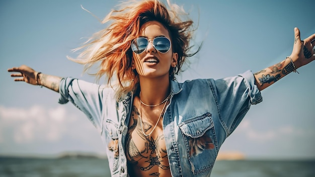 outdoor hipster portrait model pretty woman denim shorts tattoo pretty woman posing in the sea