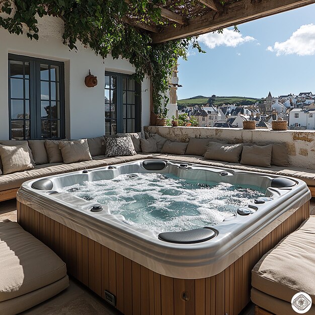 Photo the outdoor hot tub is surrounded by comfortable seating creating an inviting space for relaxation