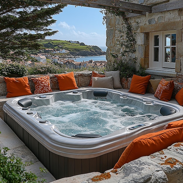 Photo the outdoor hot tub is surrounded by comfortable seating creating an inviting space for relaxation