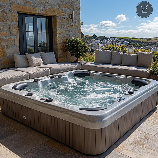 Photo the outdoor hot tub is surrounded by comfortable seating creating an inviting space for relaxation