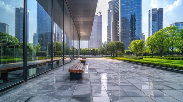 Photo outdoor image in front of modern office buildings in central business district