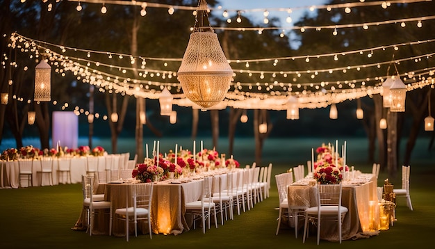 Outdoor Indian wedding setup with string lights and hanging floral arrangements