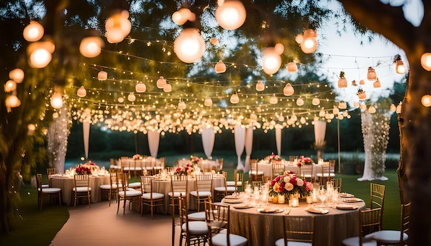 Outdoor Indian wedding setup with string lights and hanging floral arrangements