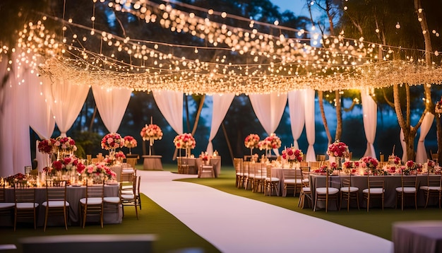 Outdoor Indian wedding setup with string lights and hanging floral arrangements