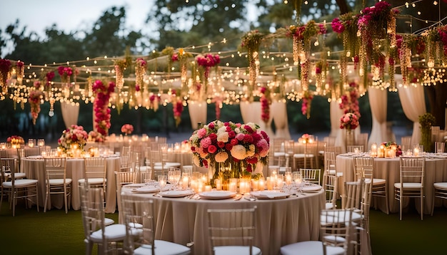 Outdoor Indian wedding setup with string lights and hanging floral arrangements